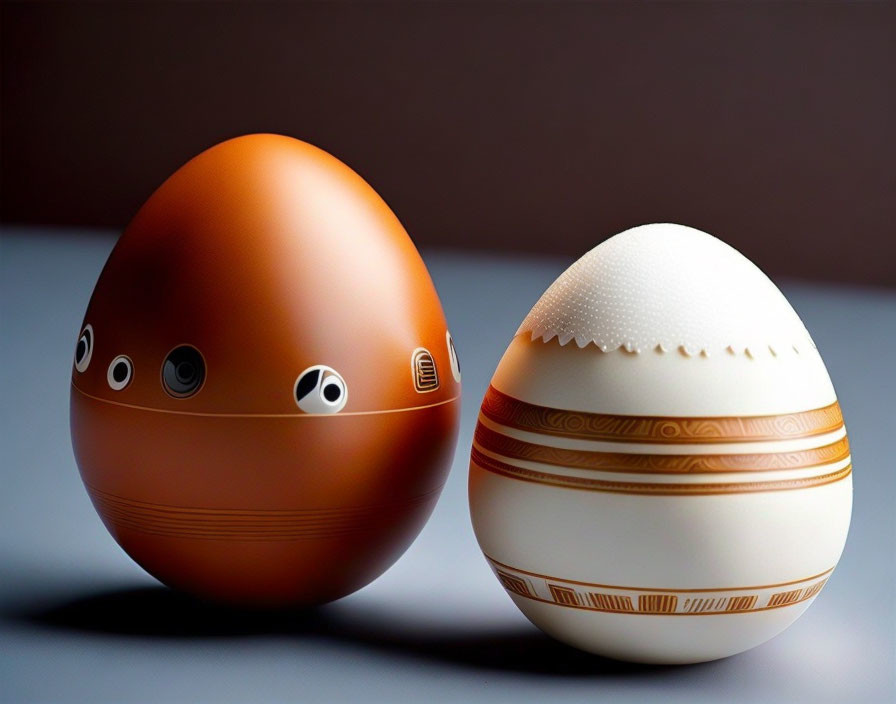 Egg-shaped objects resembling Star Wars droids BB-8 and D-O on gradient surface