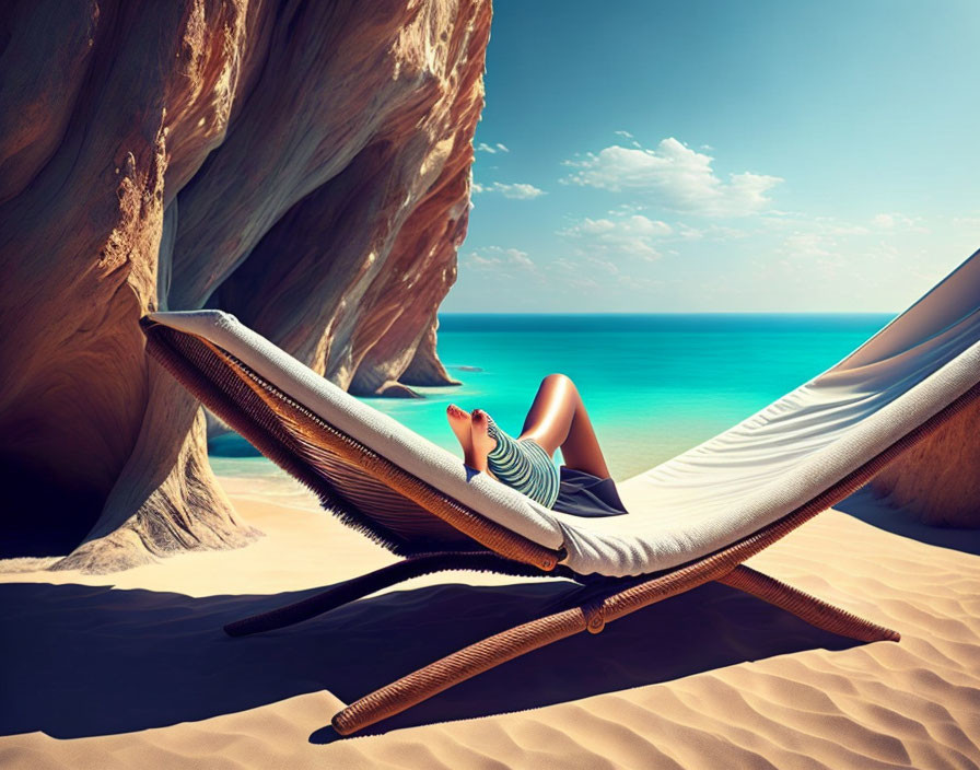 Person relaxing on hammock between rocks by serene blue sea