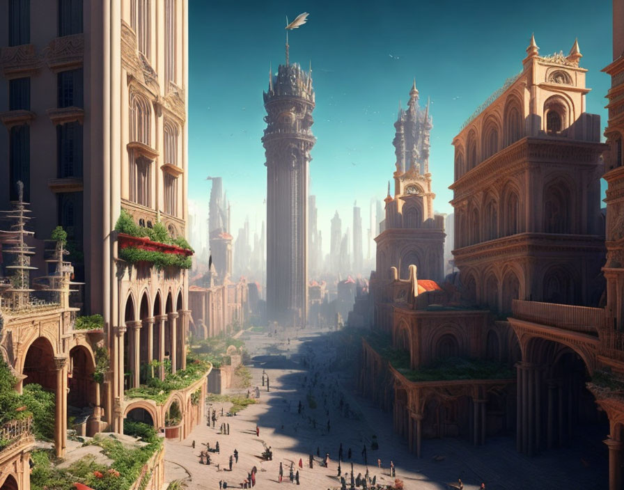 Fantasy city with classical architecture and towering spires