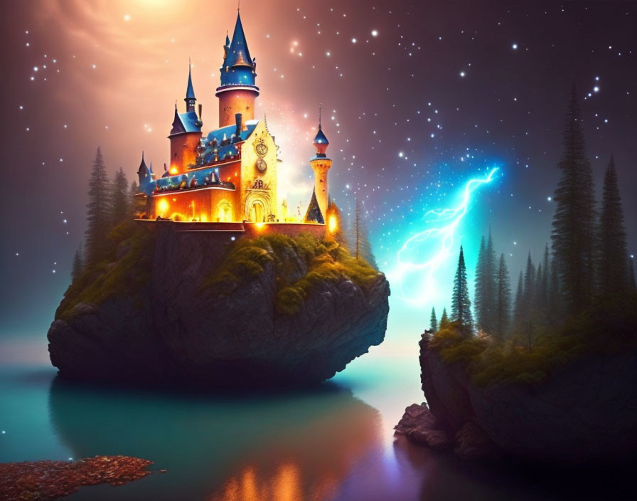 Enchanting castle on floating rock island with lightning bolt under starry sky