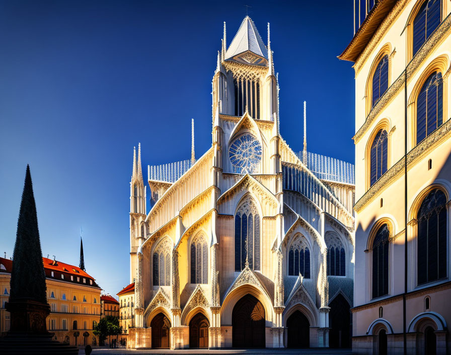 Gothic Cathedral with Pointed Arches and Rose Window in Sunlight