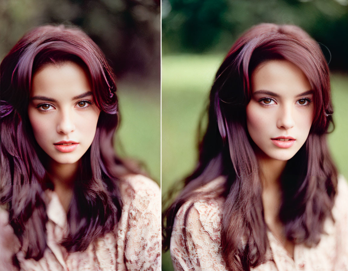 Dark-haired woman in floral top diptych in serene outdoor setting