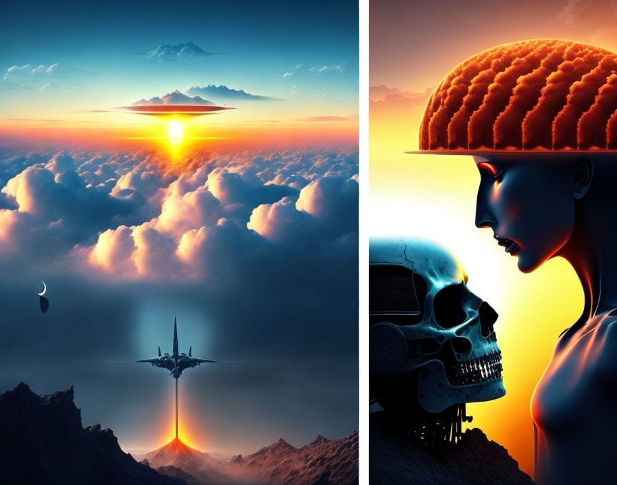 Surreal sunrise above clouds and human profile merging with mechanical skull