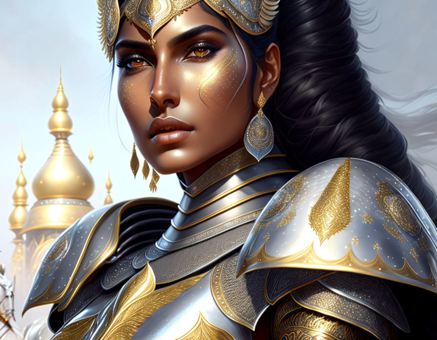 Detailed golden-armored warrior woman illustration against ornate backdrop