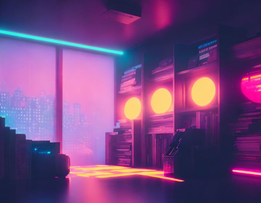 Cityscape view in neon-lit room with bookshelves and glowing orbs