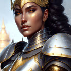 Detailed golden-armored warrior woman illustration against ornate backdrop