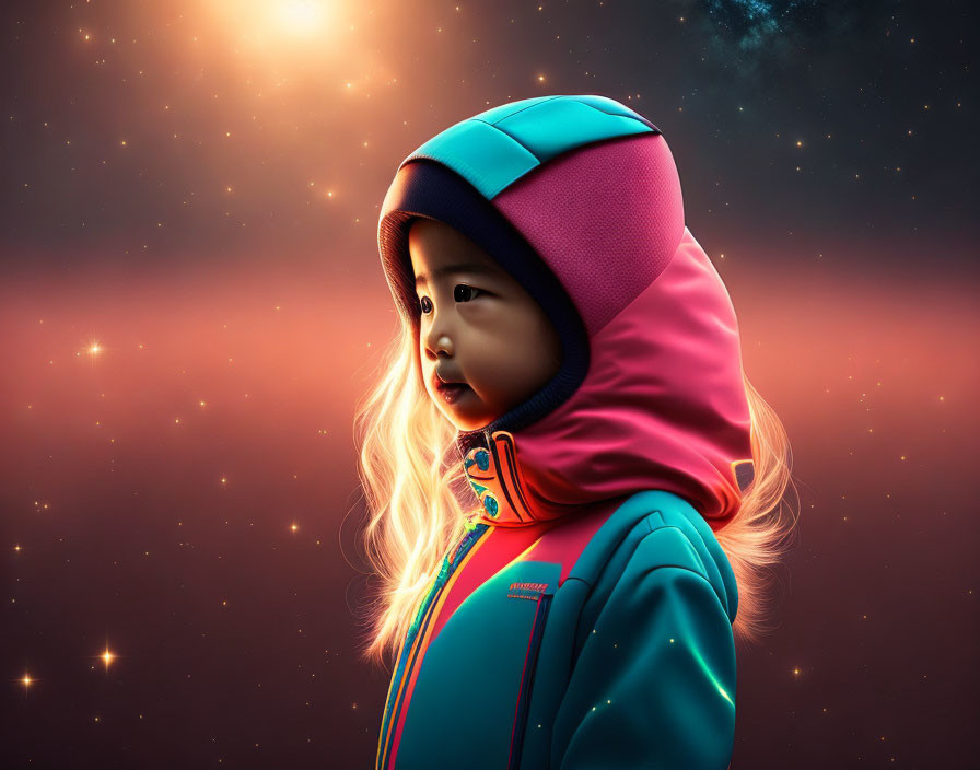 Child in Colorful Hooded Jacket Staring at Stars and Nebula