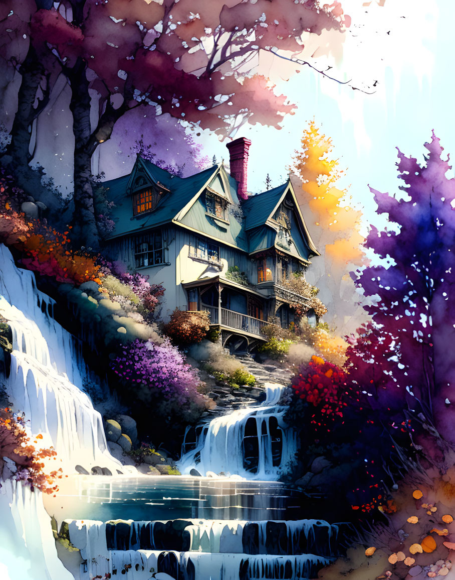 Illustration: Quaint house on waterfall with autumn foliage & sunlight