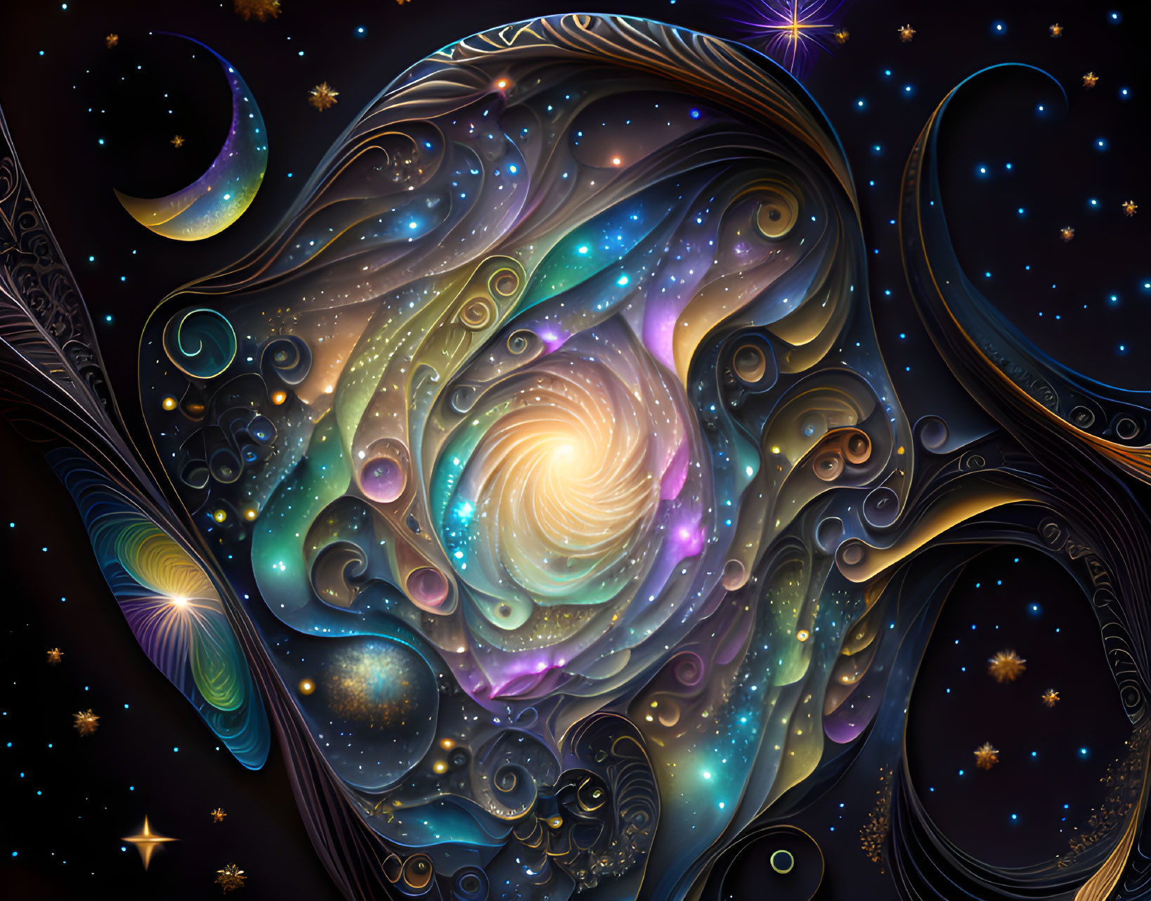 Abstract cosmic illustration with swirls, stars, galaxies, and celestial bodies in vibrant blue, purple,