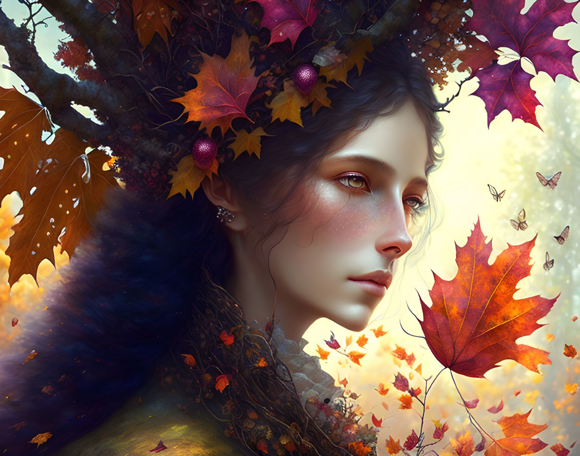 Fantasy portrait of woman with autumn leaves, berries, butterflies, and fall foliage.