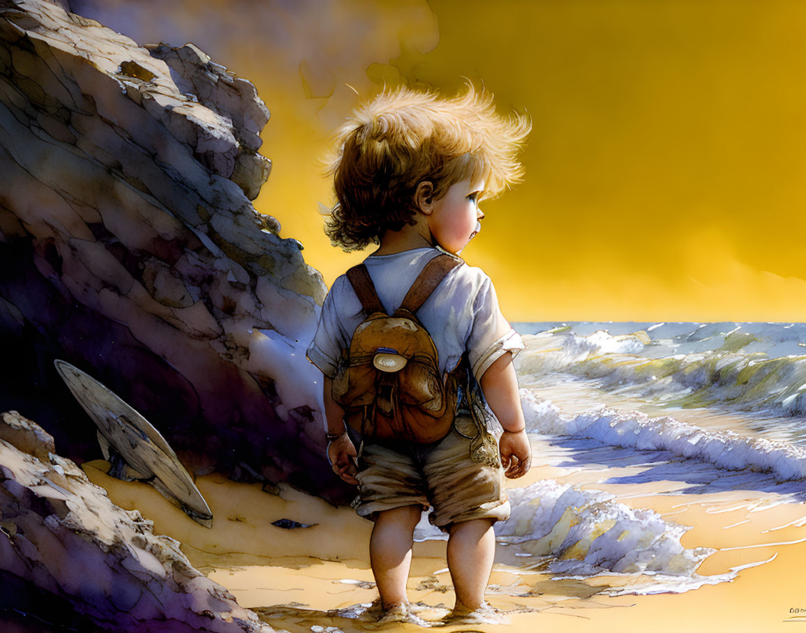 Child with backpack on sandy beach gazes at crashing waves and sunlit rocky outcrop