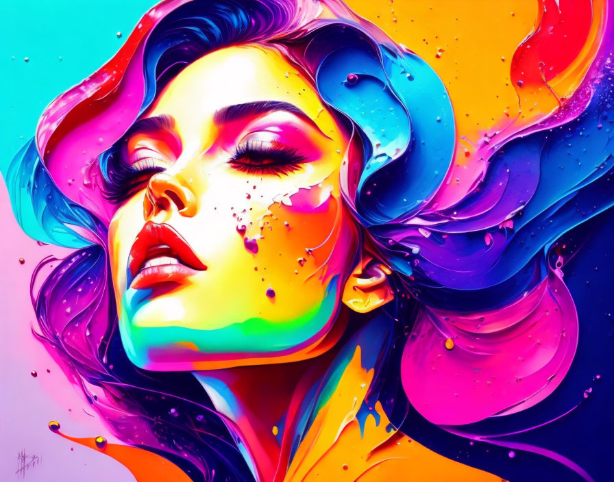 Colorful digital artwork: Woman with flowing hair and dripping paint effects