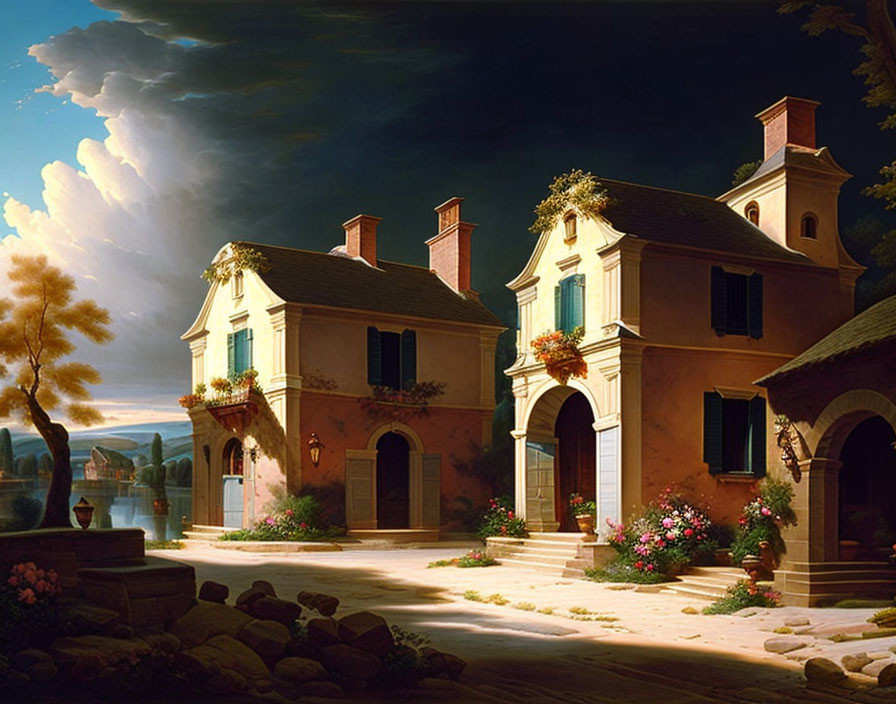 Classical painting: Elegant houses, flowering balconies, cobblestone courtyard, tranquil lake, dramatic