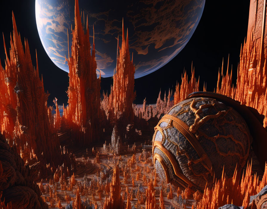 Sci-fi landscape with towering orange crystals, giant planet, and spherical artifact