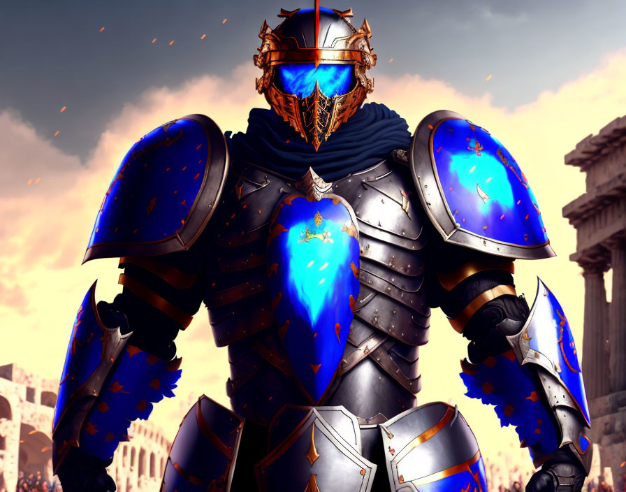 Blue-accented knight in battle-worn armor with crest, visor down