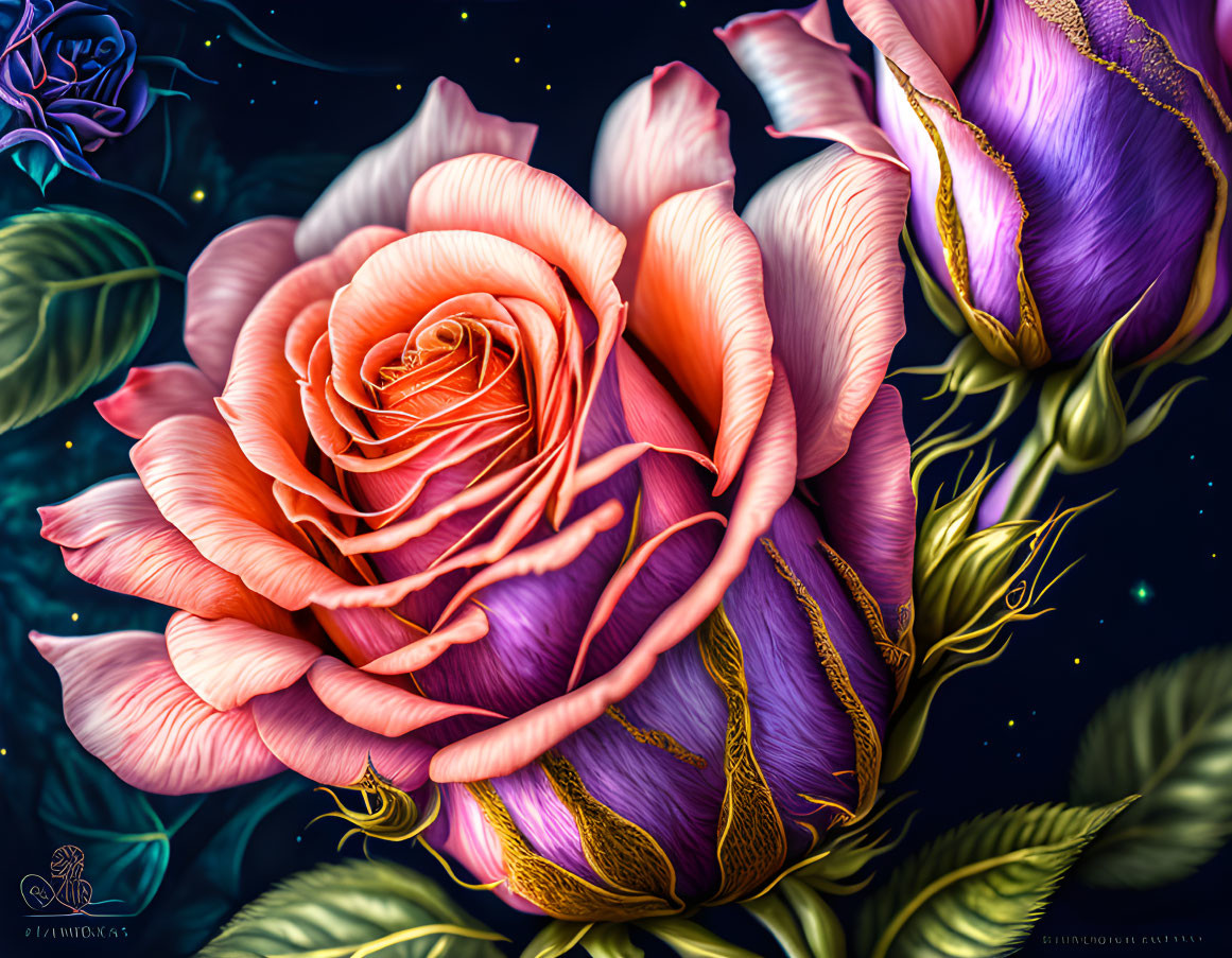 Detailed digital artwork: Pink rose with intricate petals, purple accents, leaves on dark starry backdrop