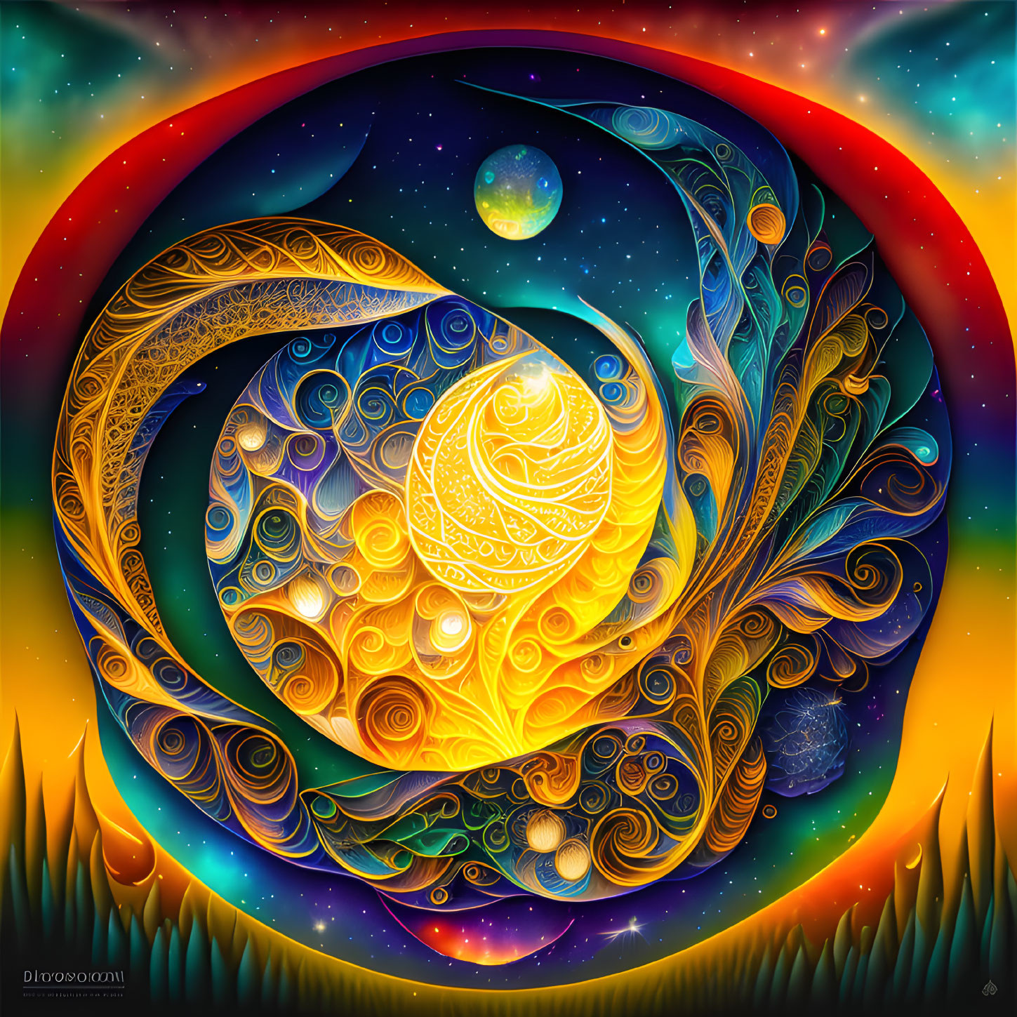 Colorful Yin-Yang Symbol with Celestial Elements on Fiery Background