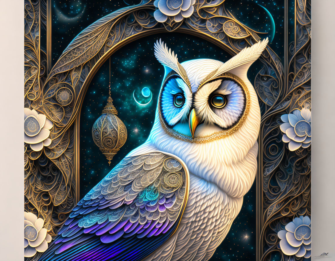 Colorful owl illustration with intricate patterns and cosmic background.