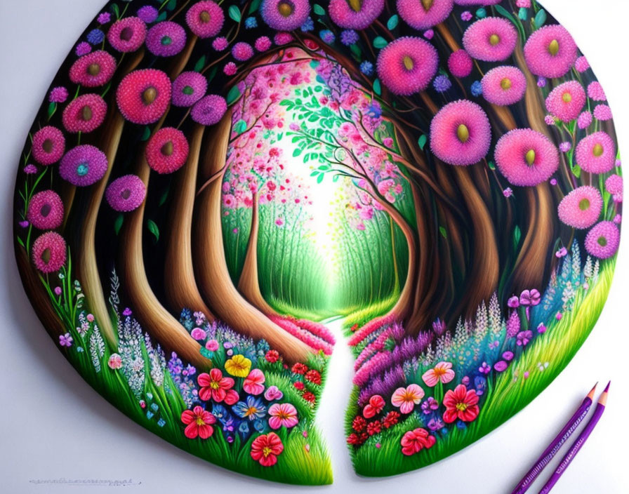 Circular painting of whimsical forest scene with pink and purple flowers, green pathway, and colorful trees.