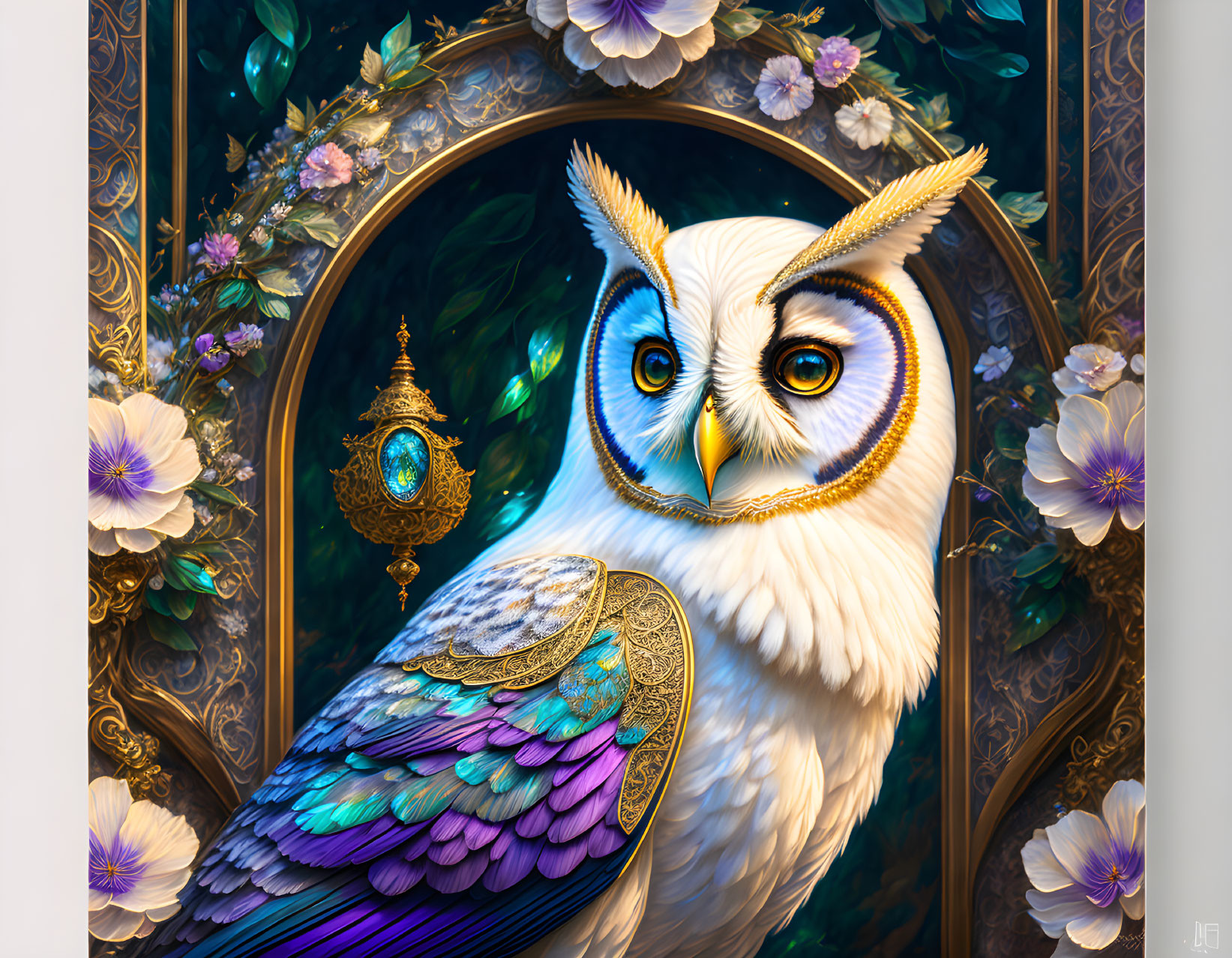 Colorful Majestic Owl Perched by Ornate Circular Window