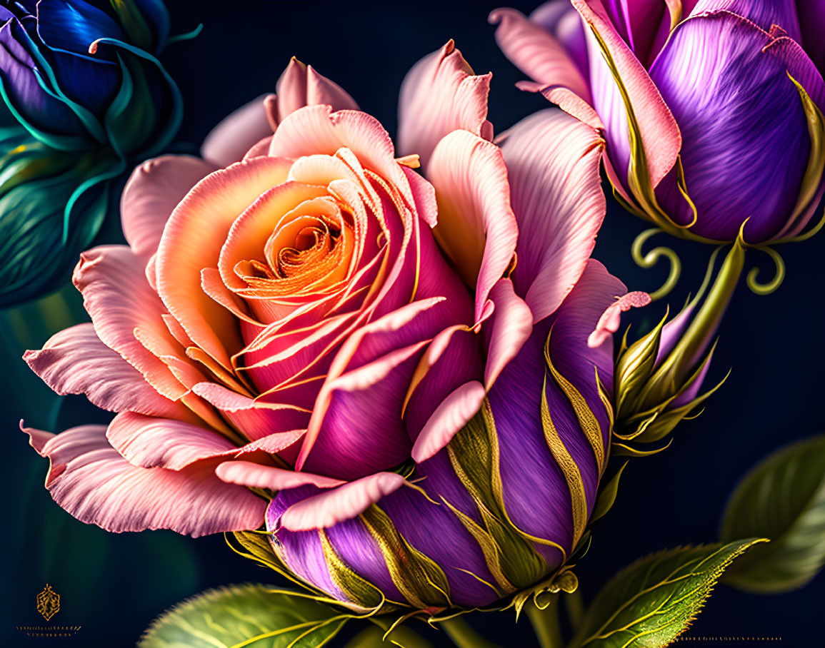 Multicolored rose with orange, pink, and cream hues among purple flowers