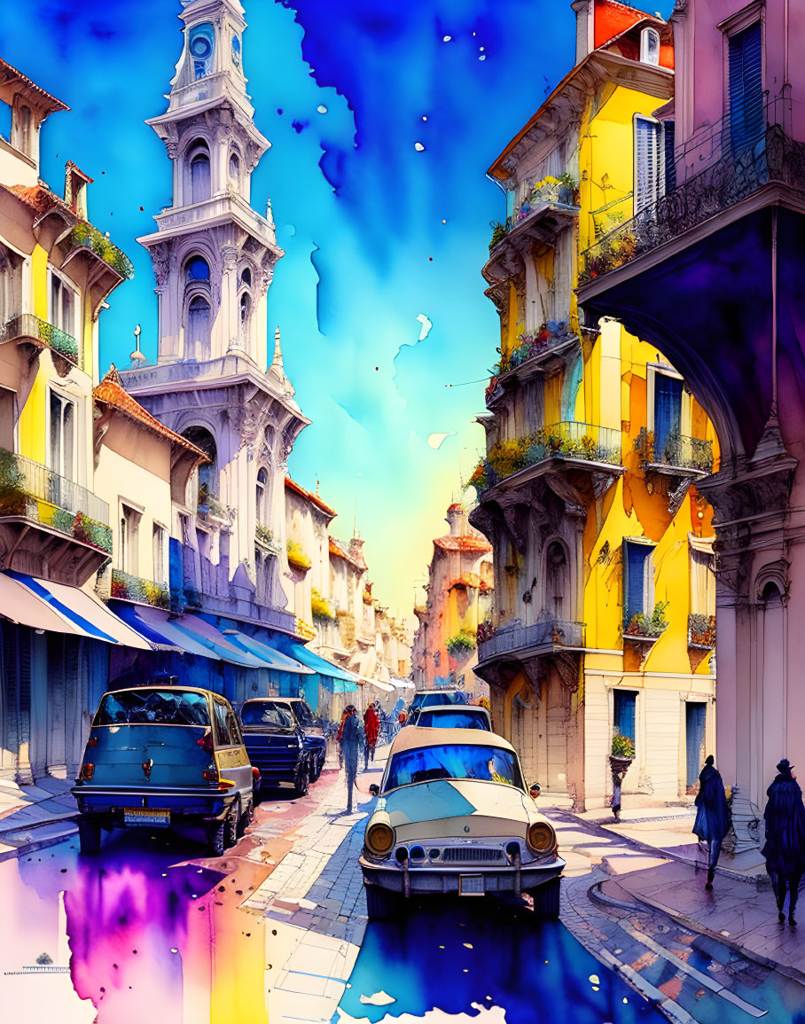 Colorful street scene with vintage car, pedestrians, and European-style buildings under starry sky