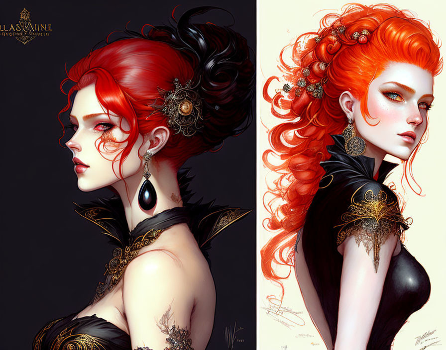 Digital artwork: Woman with vibrant red hair styled elegantly, featuring side and front portraits.