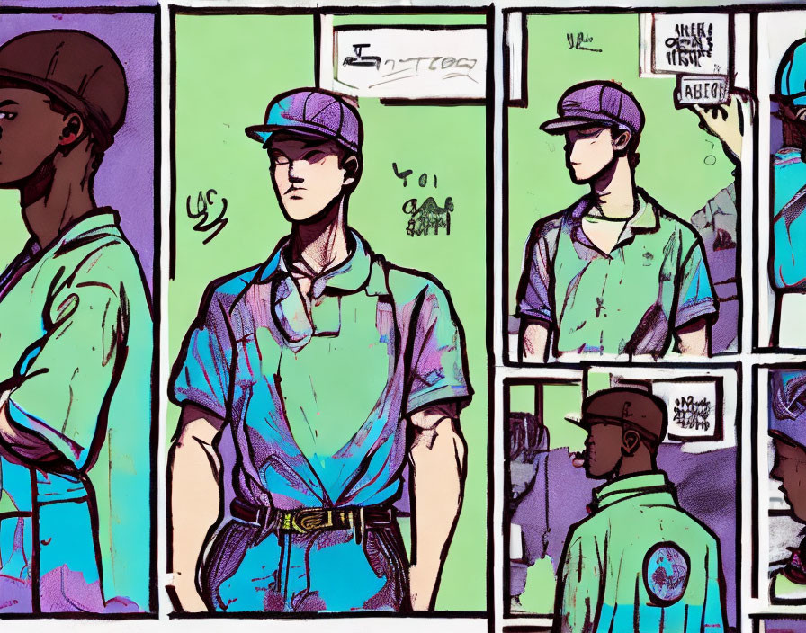 Comic book panels: Characters in uniforms, facing forward and in profile, with dialogue bubbles and colorful backgrounds