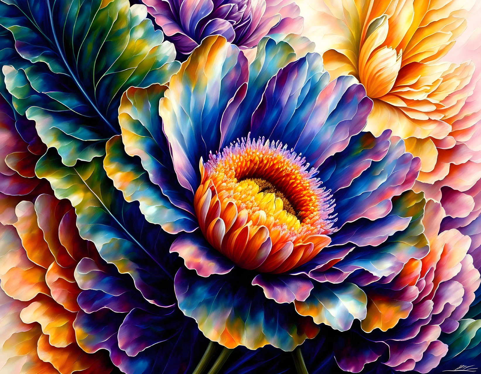 Colorful Blossom Painting with Gradient Petals in Blue, Green, and Orange