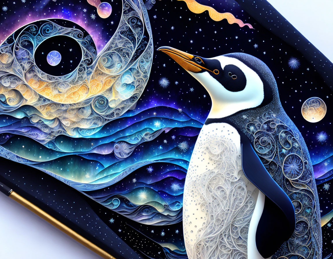 Vibrant penguin art in cosmic setting with stars & moon