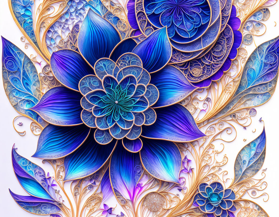 Colorful Floral Pattern with Blue, Purple, and Gold Petal Designs