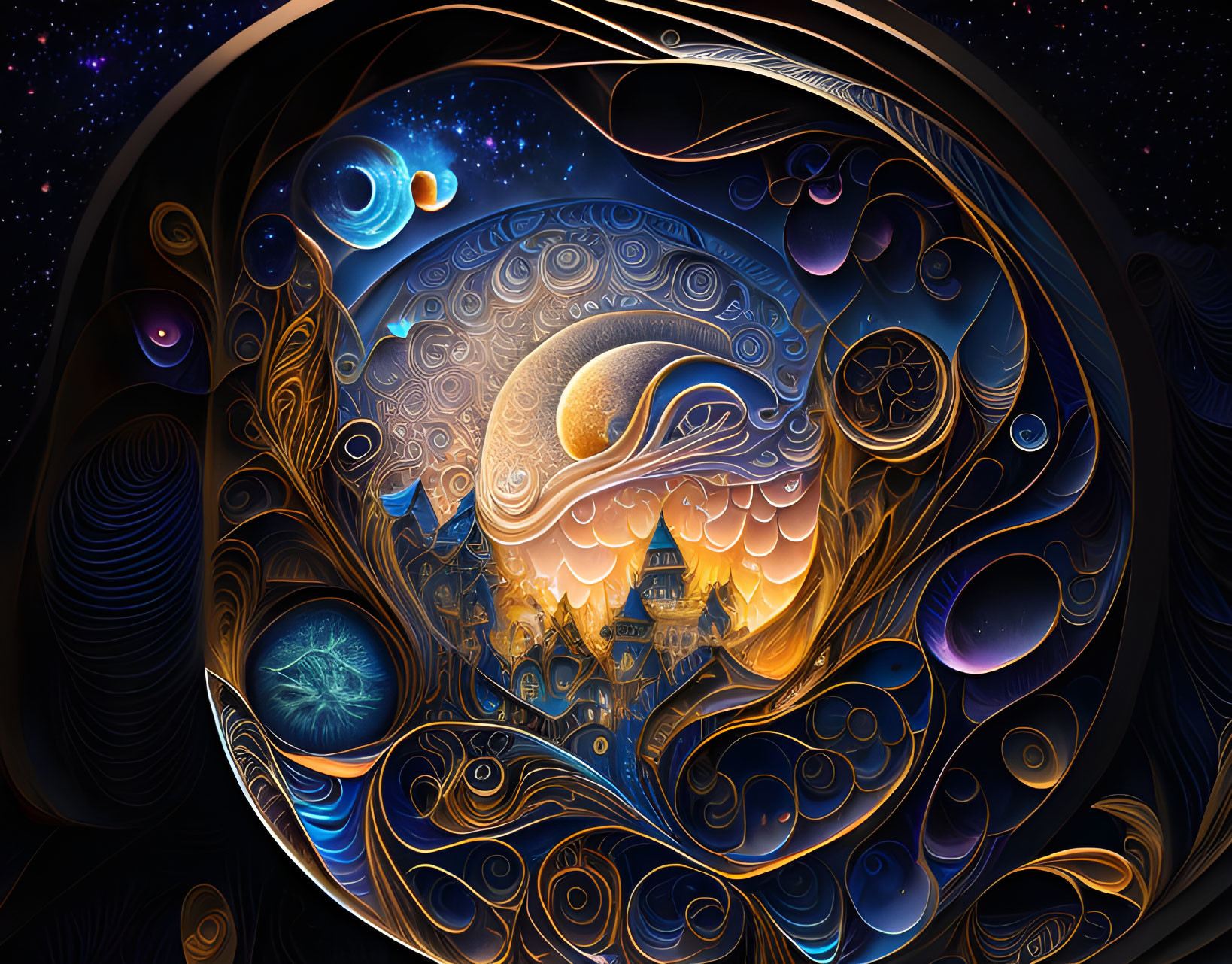 Cosmic fantasy digital art: celestial bodies, swirling patterns, mythical castle at sunset