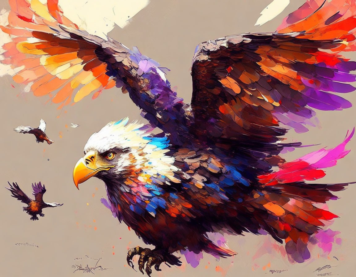 Colorful Abstract Digital Painting: Eagle in Flight with Smaller Birds