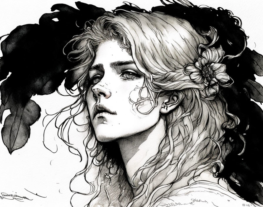 Detailed monochrome sketch of a person with wavy hair, flower, intense gaze, and swirling dark