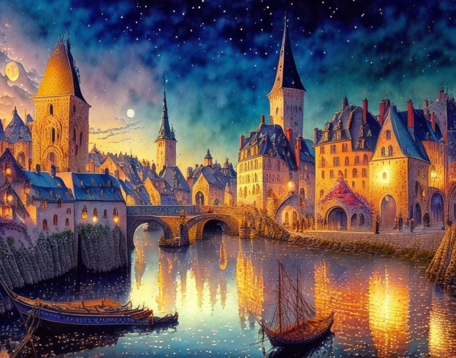 European-style village night scene with illuminated buildings and river reflections.