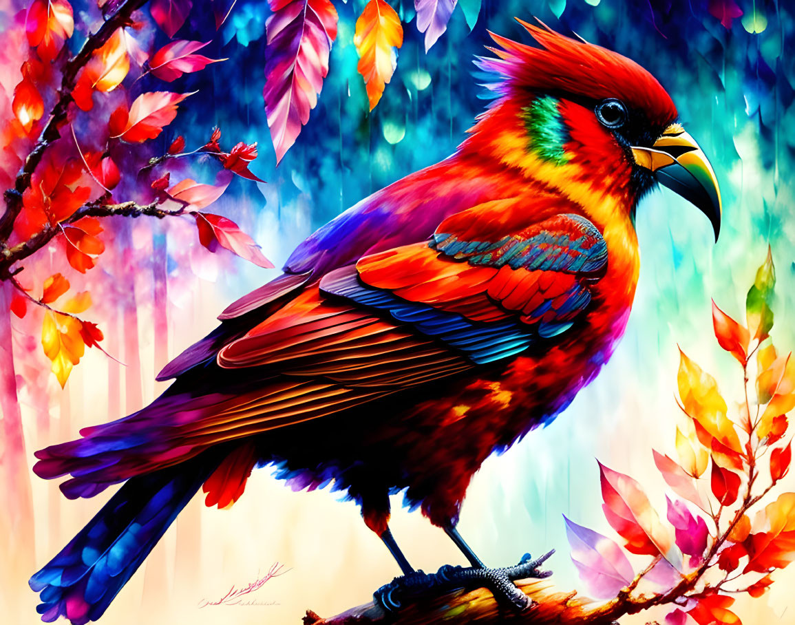 Colorful digital artwork: Red cardinal on branch with surreal blue, purple, and red leaves