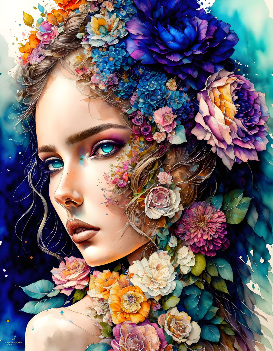 Vibrant digital artwork of a woman with floral hair and watercolor background