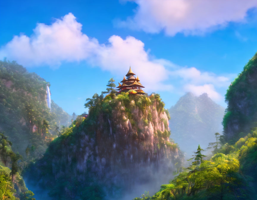 Mystical landscape with pagoda on lush mountain in soft light