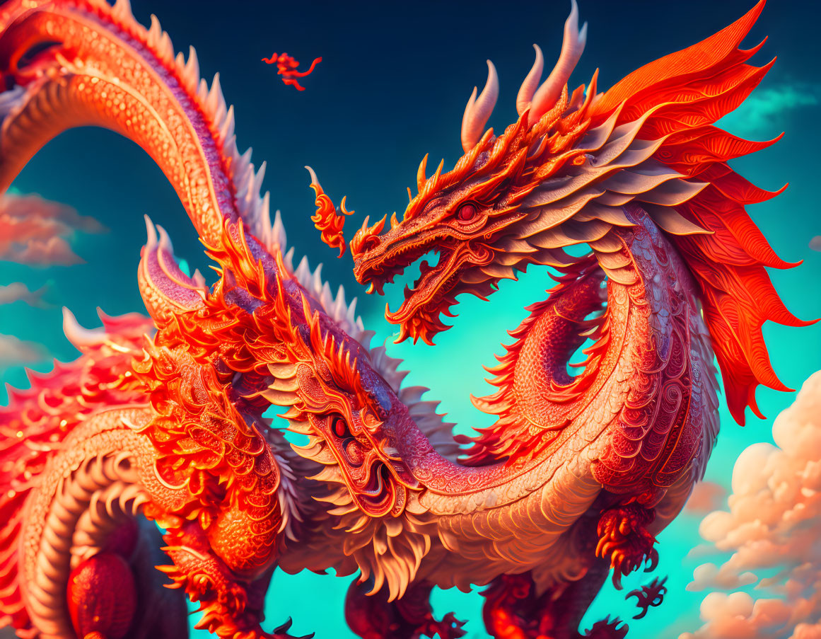 Vibrant digital art: Intertwining red dragons in blue sky