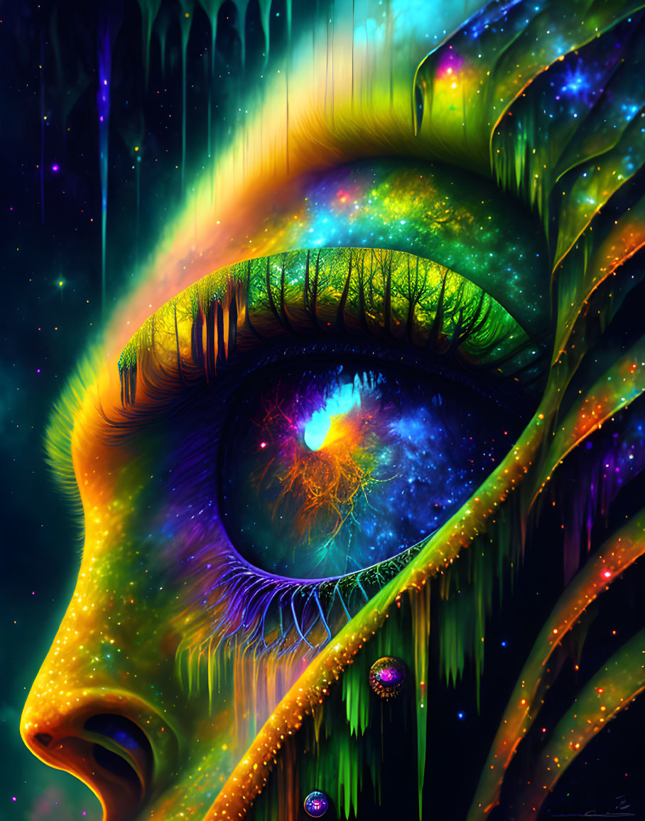 Digital artwork: Cosmic eye with nebulae, stars, and natural motifs