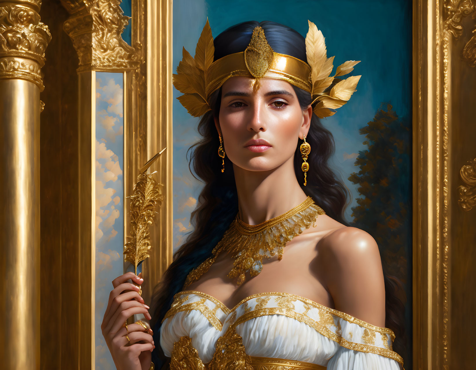 Regal woman with golden leaf crown in white and gold dress