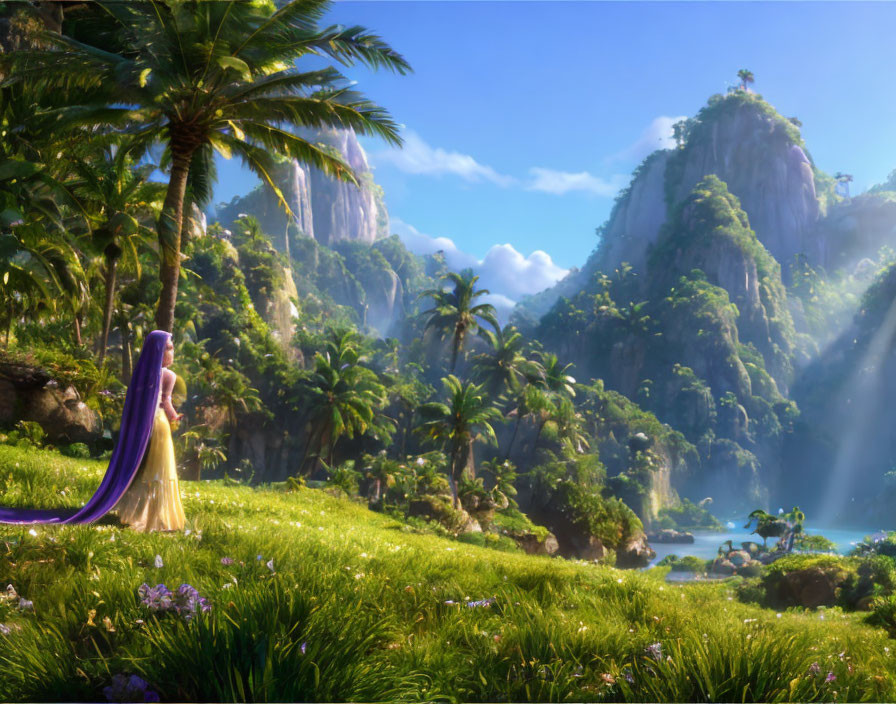 Scenic green valley with cliffs, waterfall, and figure under palm trees