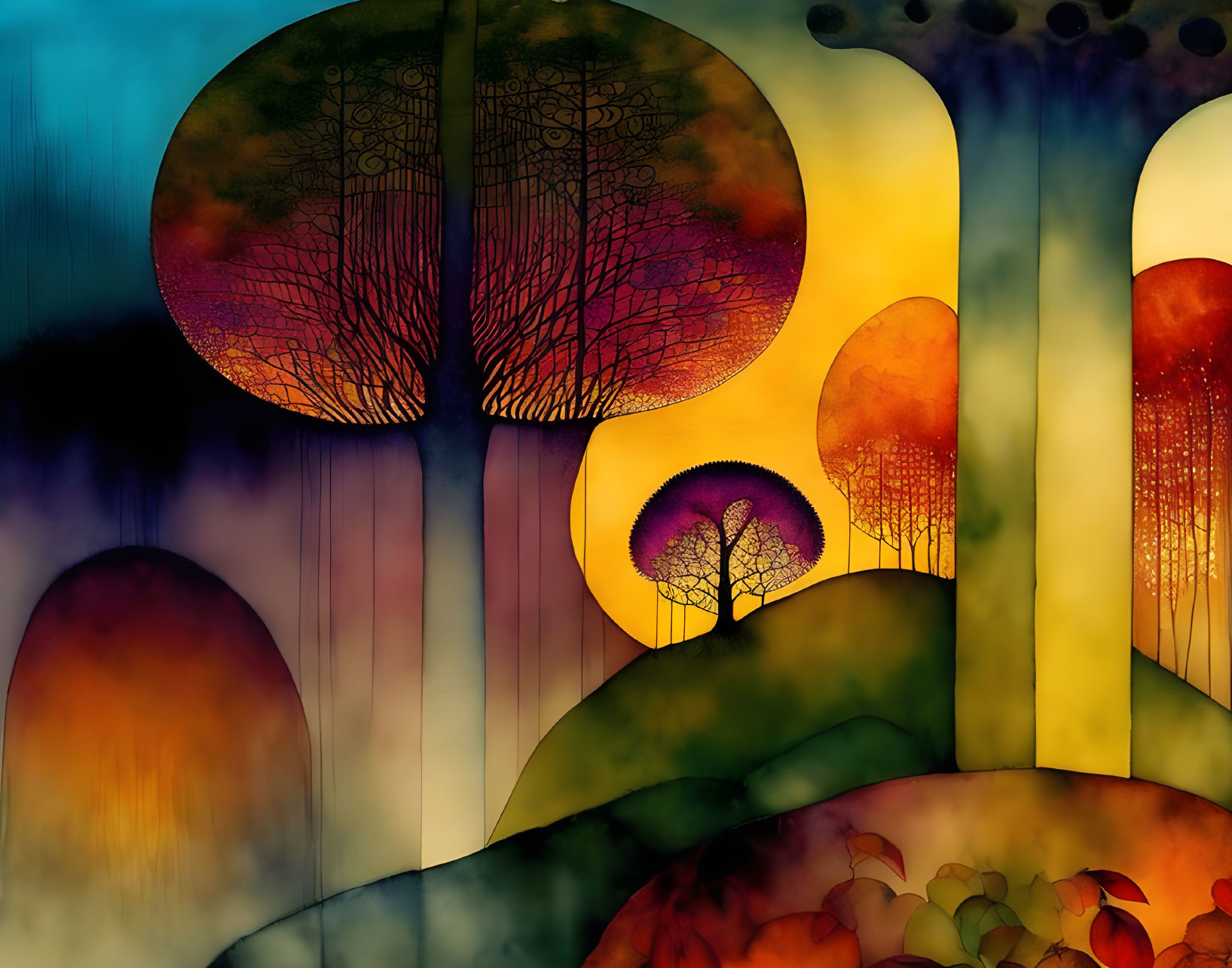 Colorful Abstract Landscape with Stylized Trees and Rolling Hills