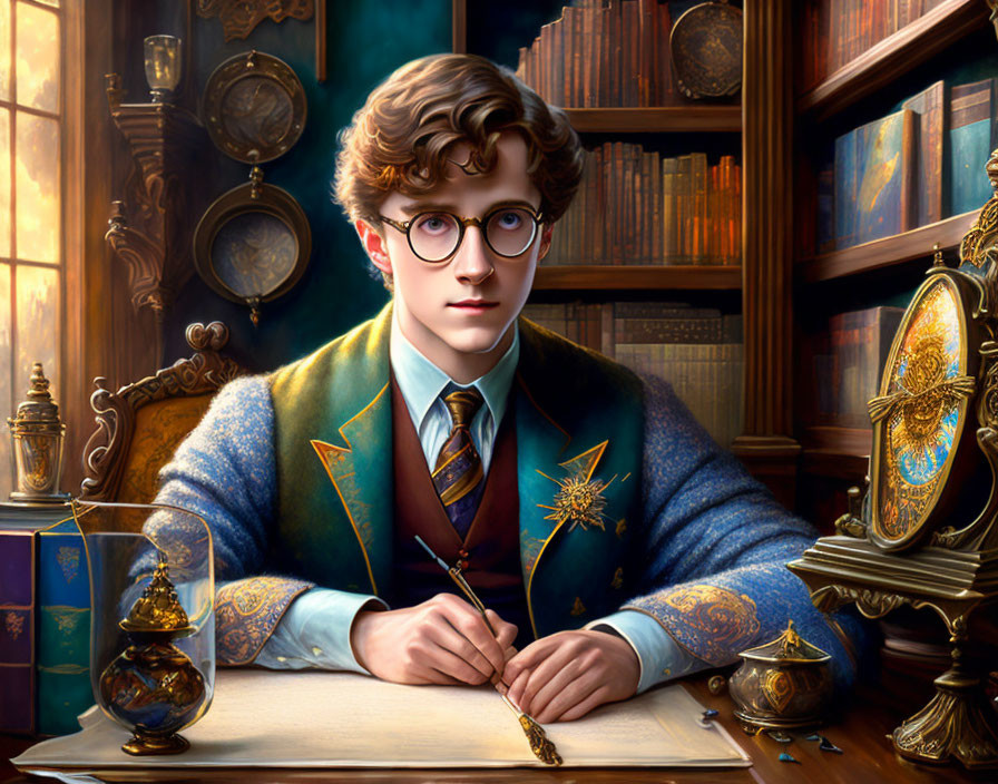 Young man with glasses writing in vintage-style study with ornate clock and celestial decor