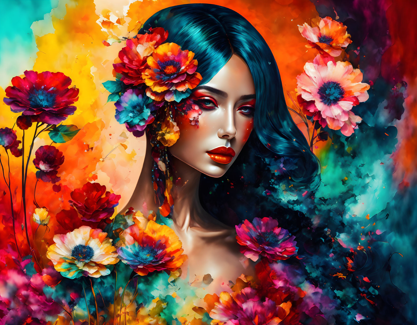 Vibrant flower-themed abstract artwork with woman and colorful background.