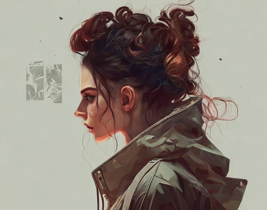 Dark Curly-Haired Woman in Camouflage Jacket Profile Illustration