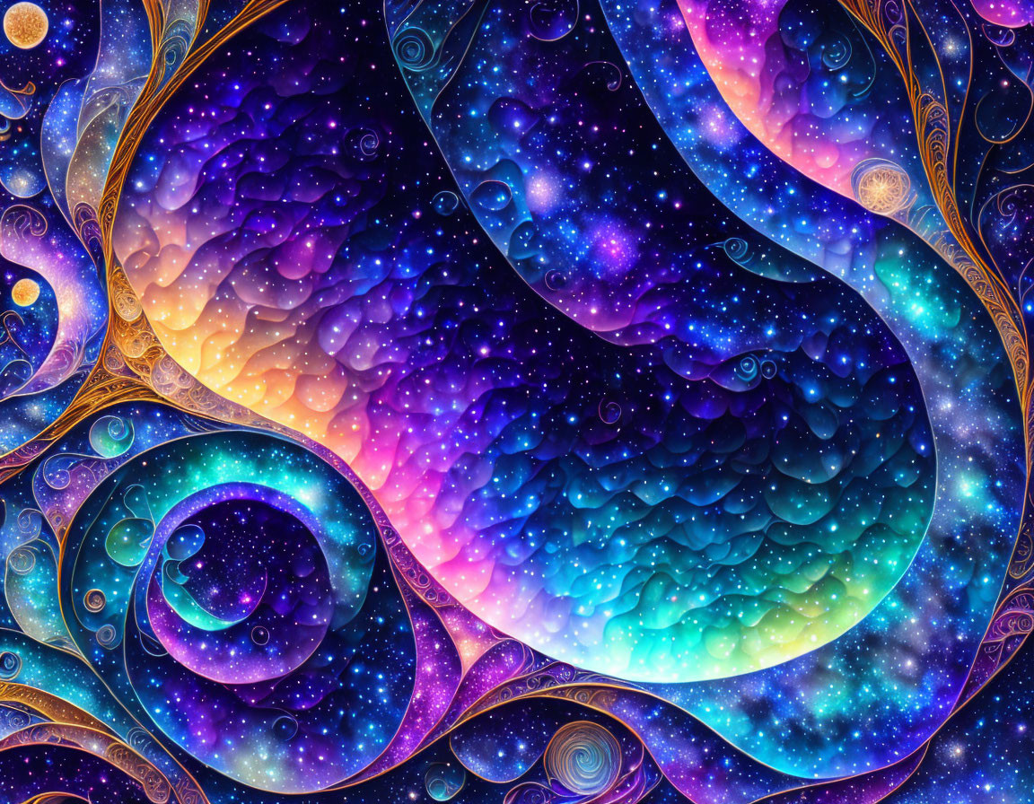 Vibrant digital art: Swirling cosmic patterns in blue, purple, and gold