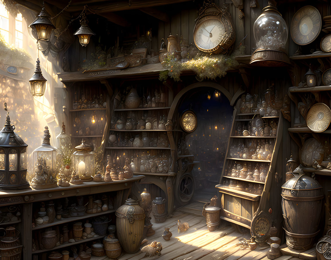 Dimly lit antique shop with wooden shelves and warm sunlight.