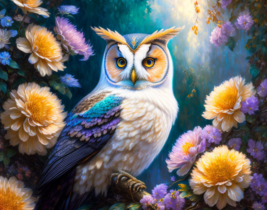 Colorful Owl Illustration with Expressive Eyes on Branch Amid Flowers