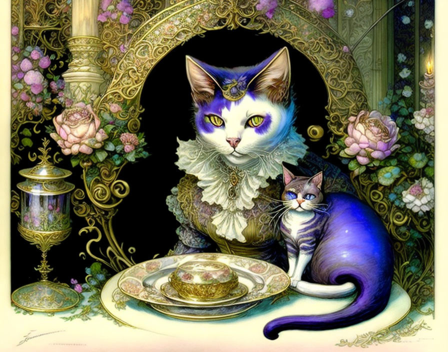 Regal white and violet anthropomorphic cat with gemstone headpiece in luxurious setting